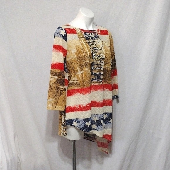 New Bella Sky 4th of July Asymmetrical Hem 3/4 Sleeves Tunic Top Medium - Picture 3 of 7